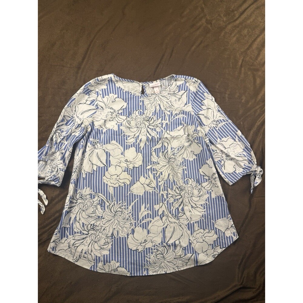 Isabel Maternity Blue White Floral Stripe Blouse 3/4 Sleeve Size S